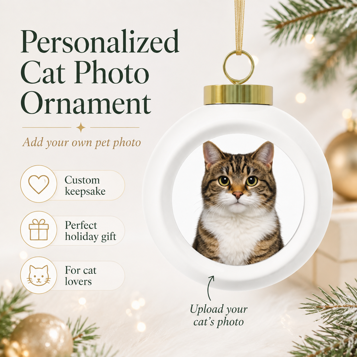 Personalization template showing the photo placement on the cat ornament