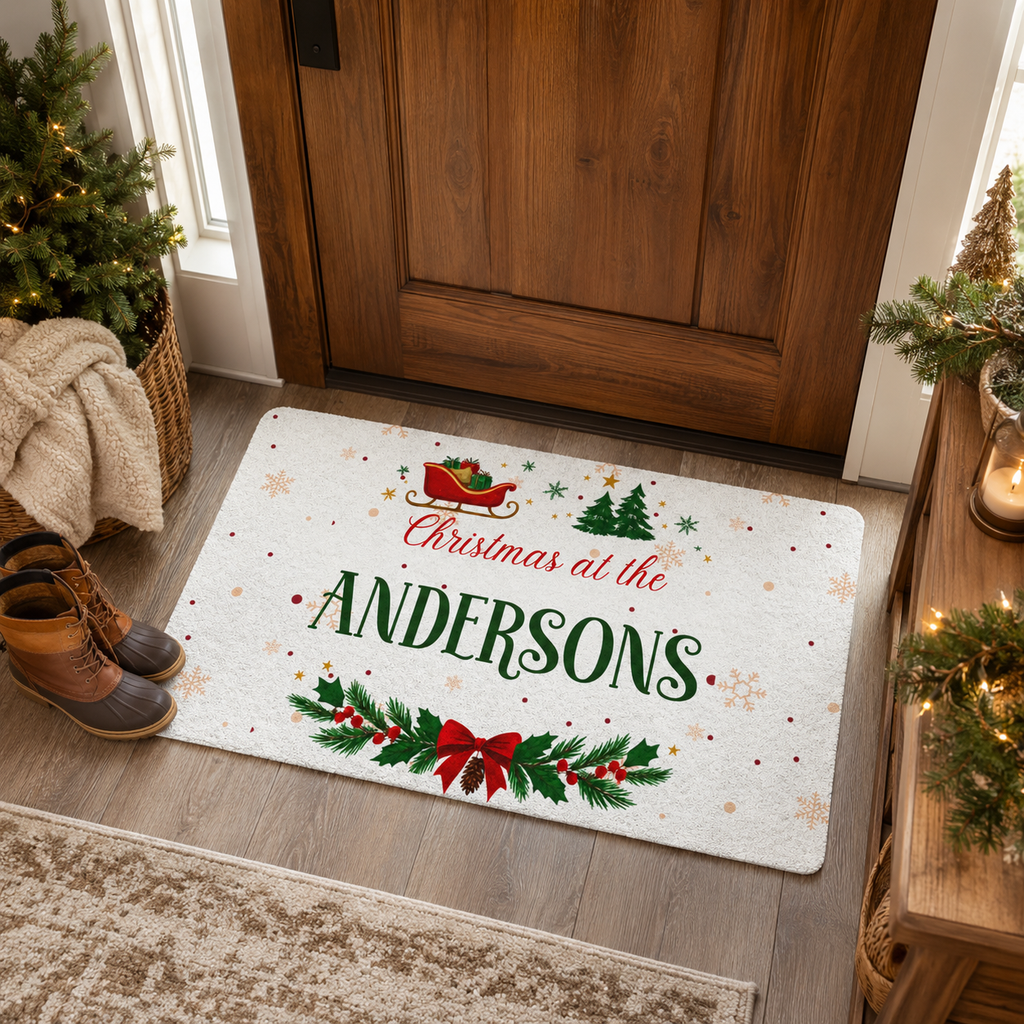 Close-up of the sleigh and holly garland design on the Christmas doormat