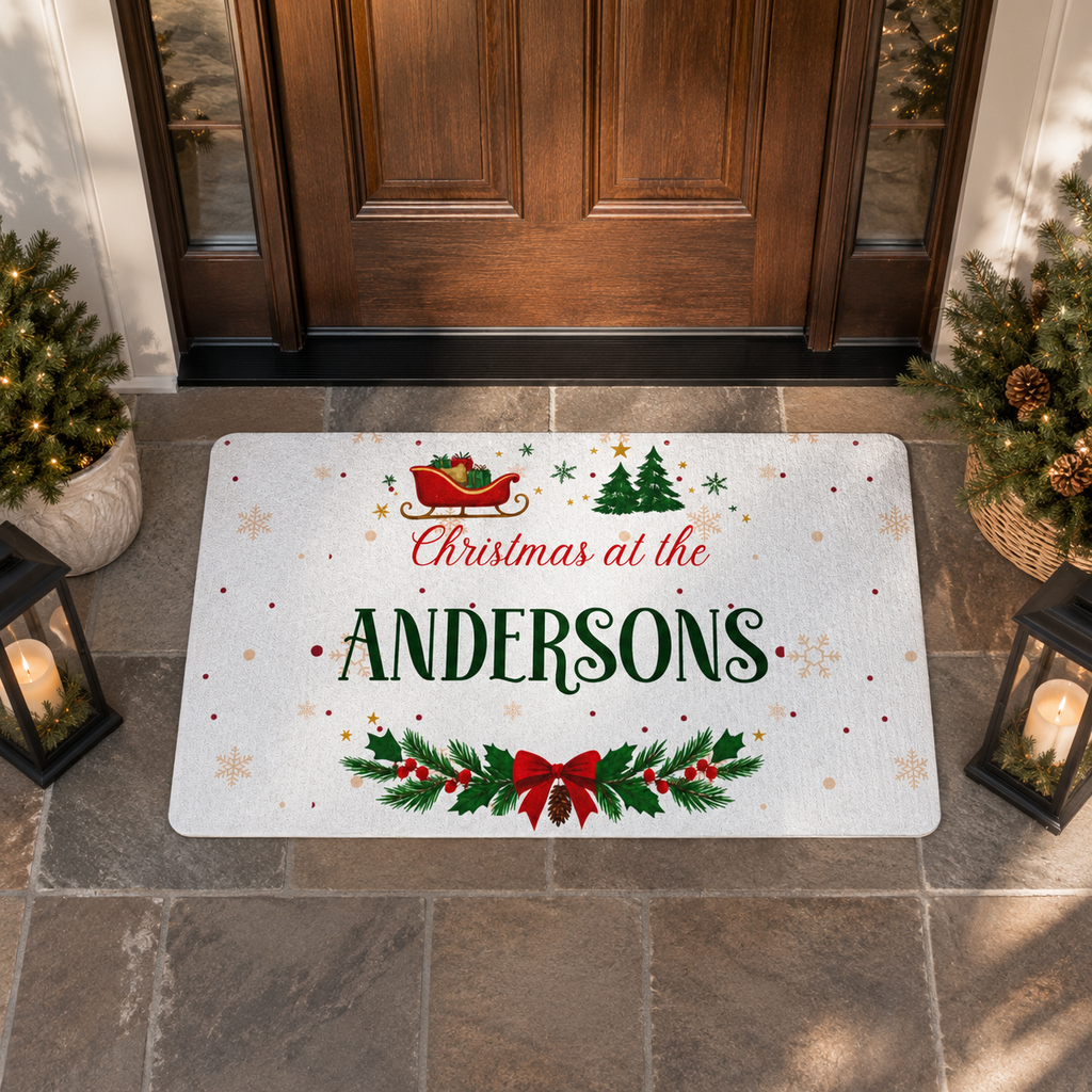 Personalization guide showing the custom family name on the Christmas sleigh doormat