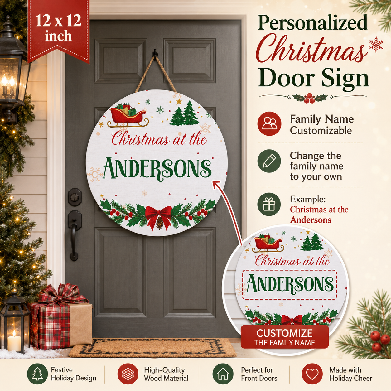 Personalization guide showing the custom family name on the Christmas wood plaque