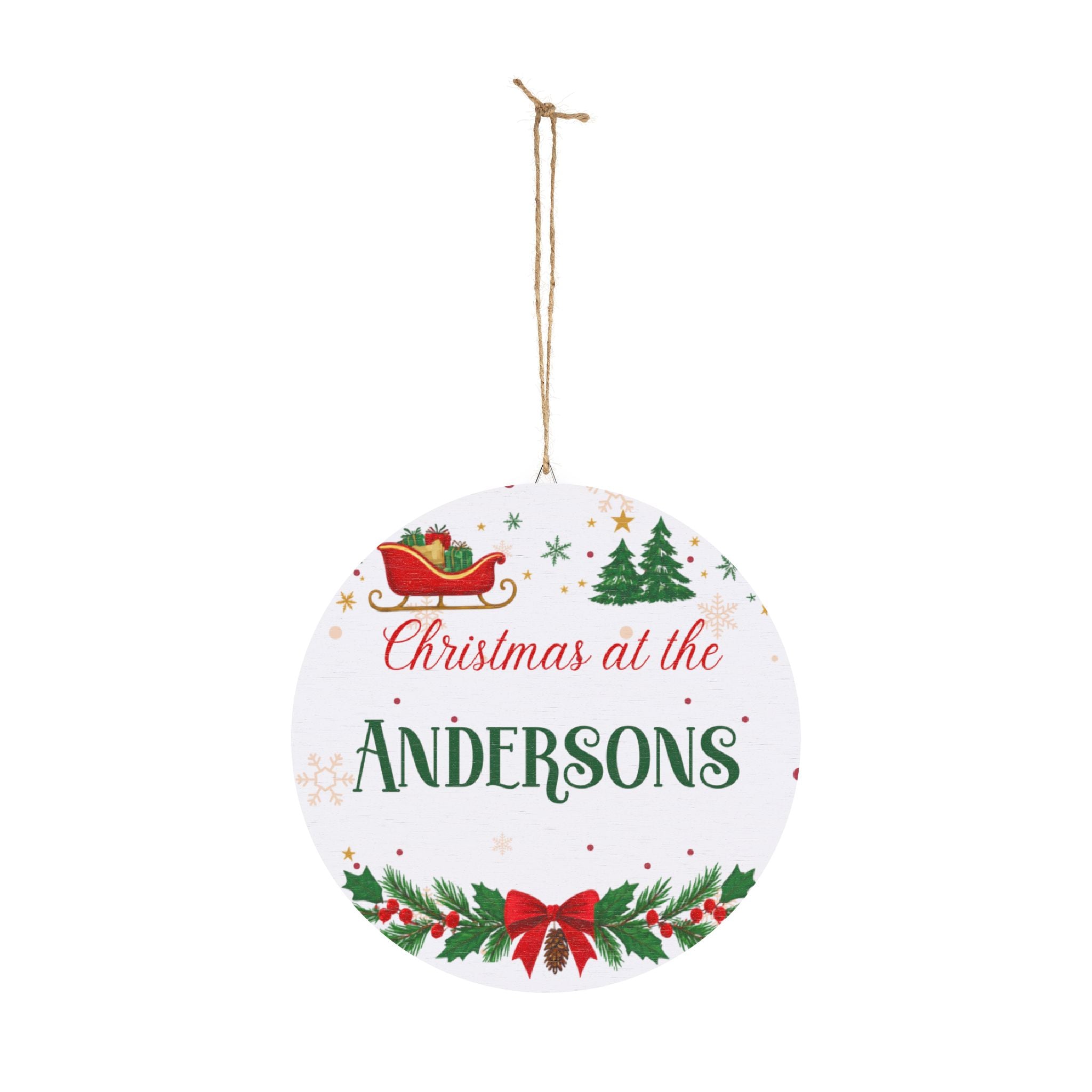 Christmas wood plaque shown as part of a festive entryway display