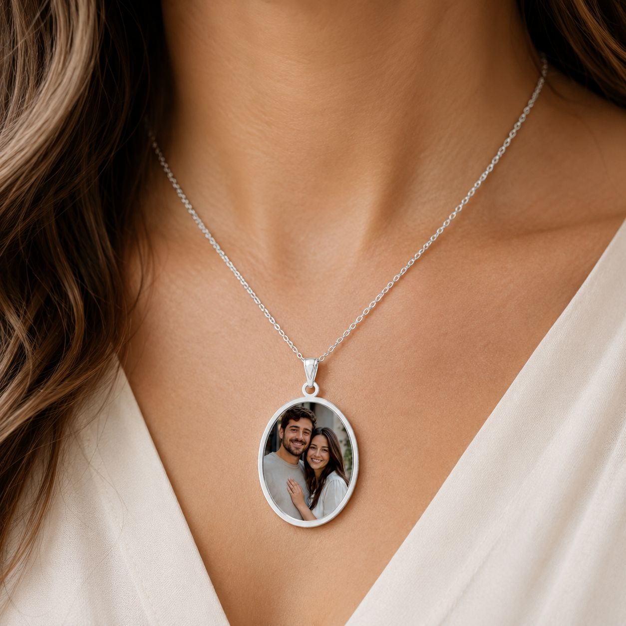 Close-up of the engraved oval frame on the sterling silver couple photo pendant