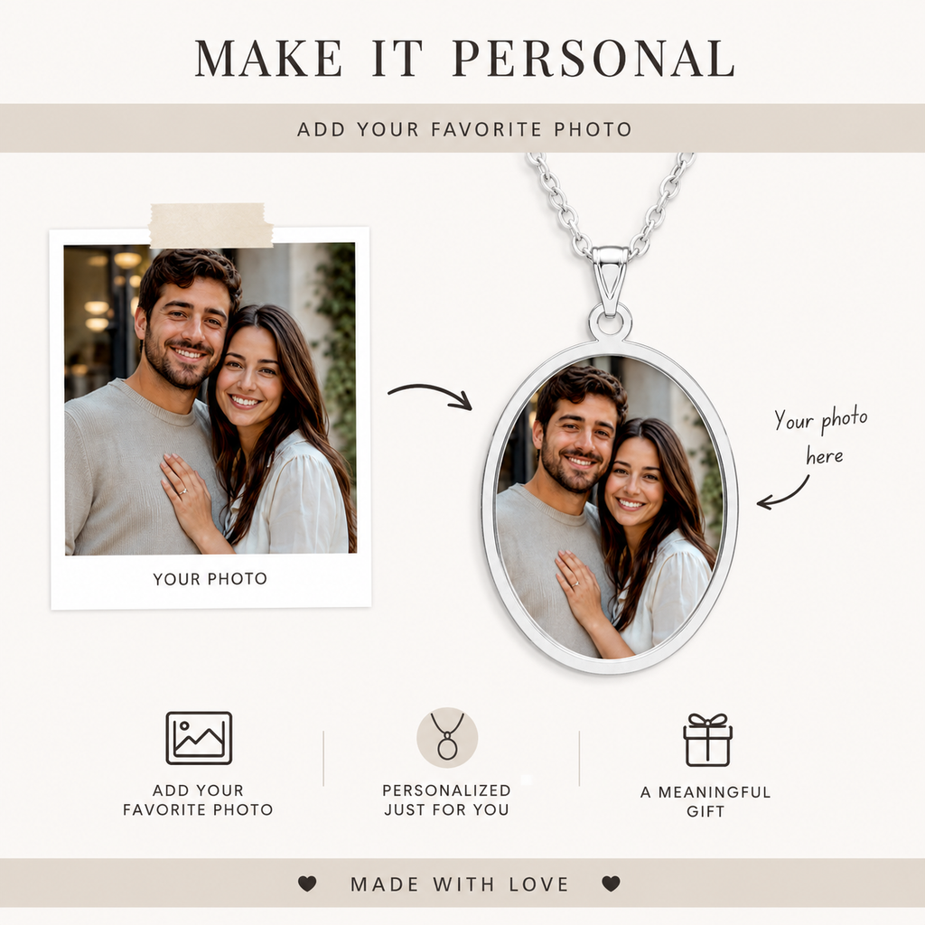 Oval couple photo necklace shown with its gift box