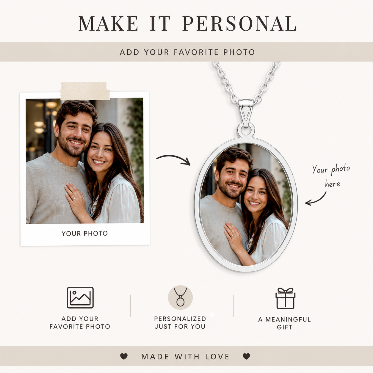 Oval couple photo necklace shown with its gift box