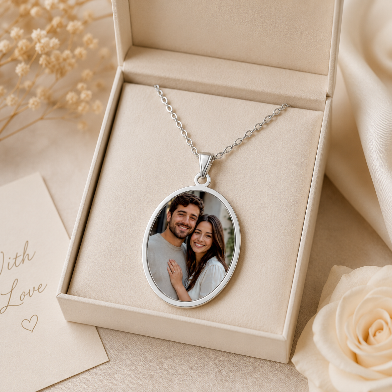 Personalization guide showing how a couple photo is placed in the oval silver pendant