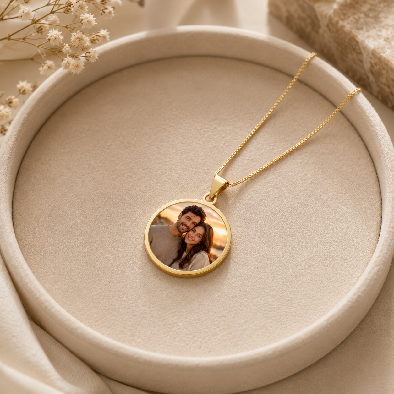 Close-up of the engraved border on the gold-plated couple photo pendant