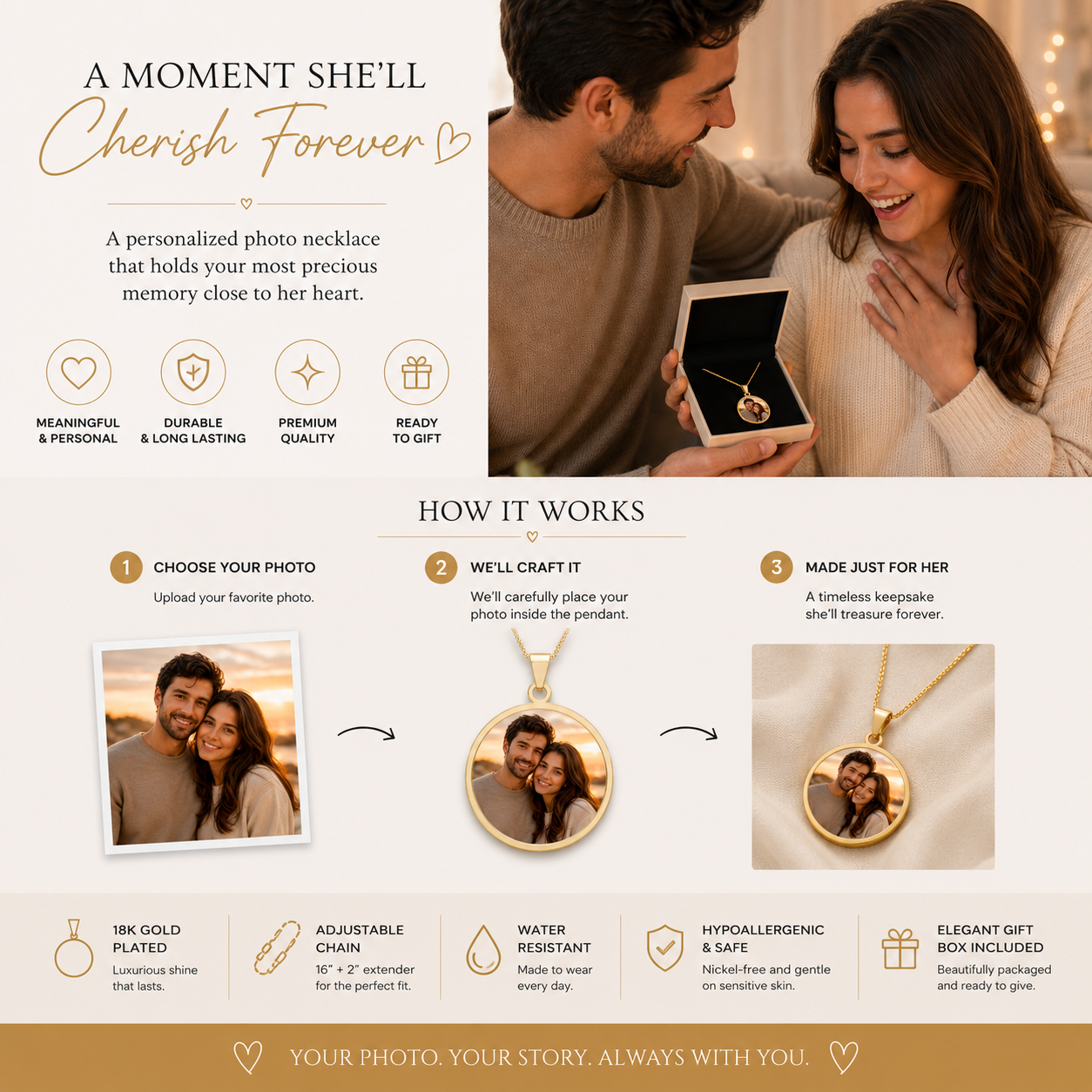 Gold-plated couple photo necklace shown with its gift box