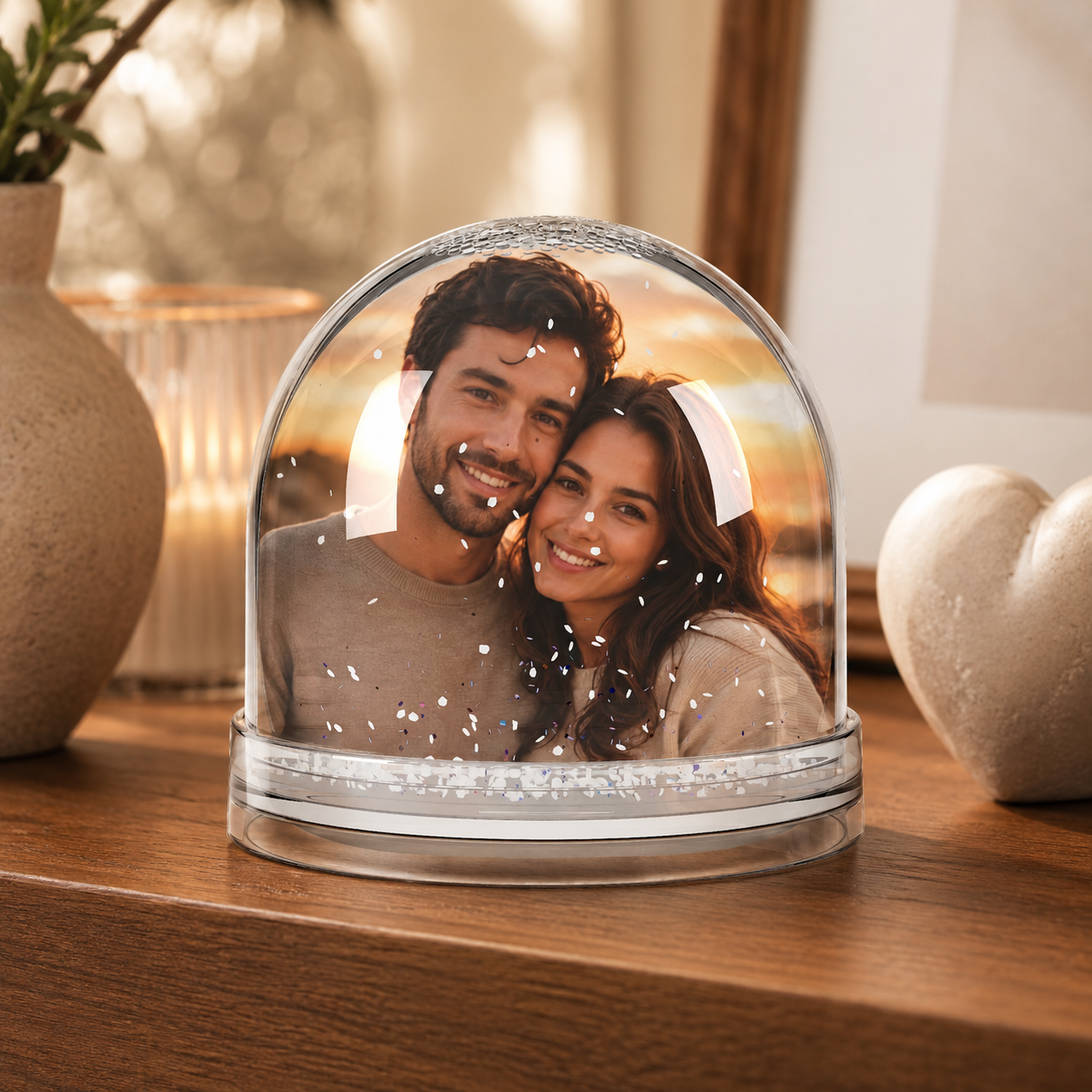 Design layout showing how a couple's photo prints on the two-sided acrylic insert of the snow globe