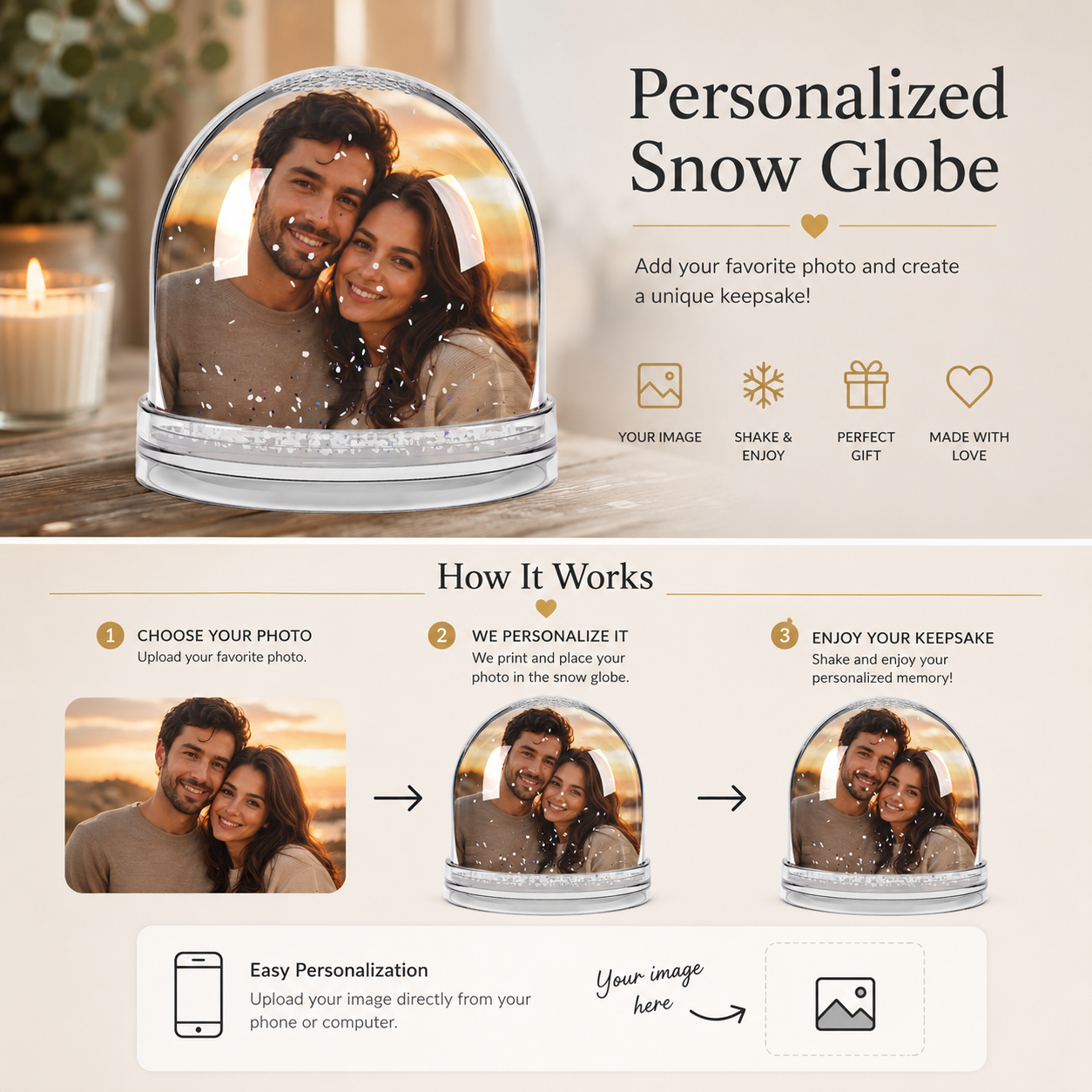 Personalization template for the couple photo snow globe showing the two-sided print