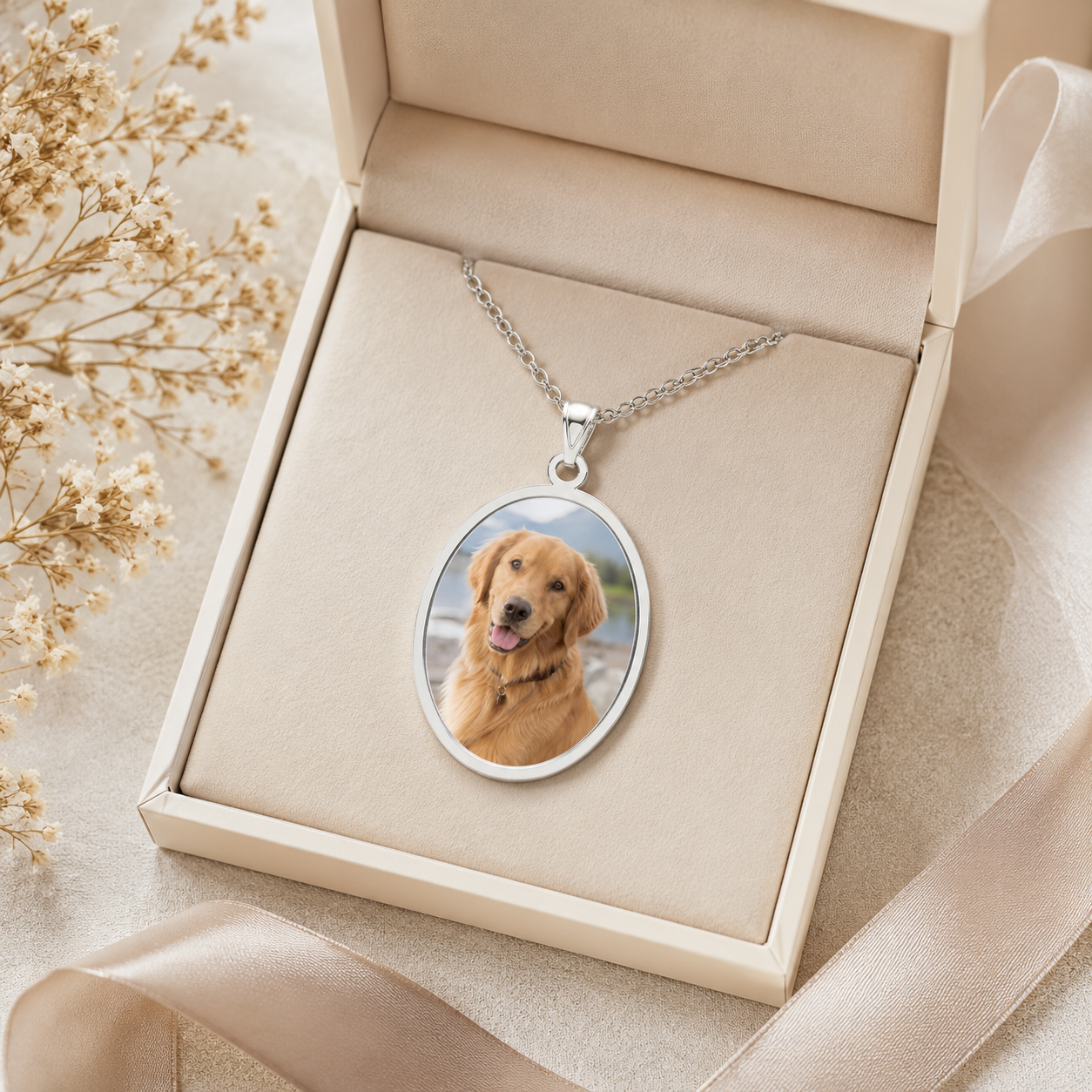Close-up of the engraved oval frame on the sterling silver dog photo pendant
