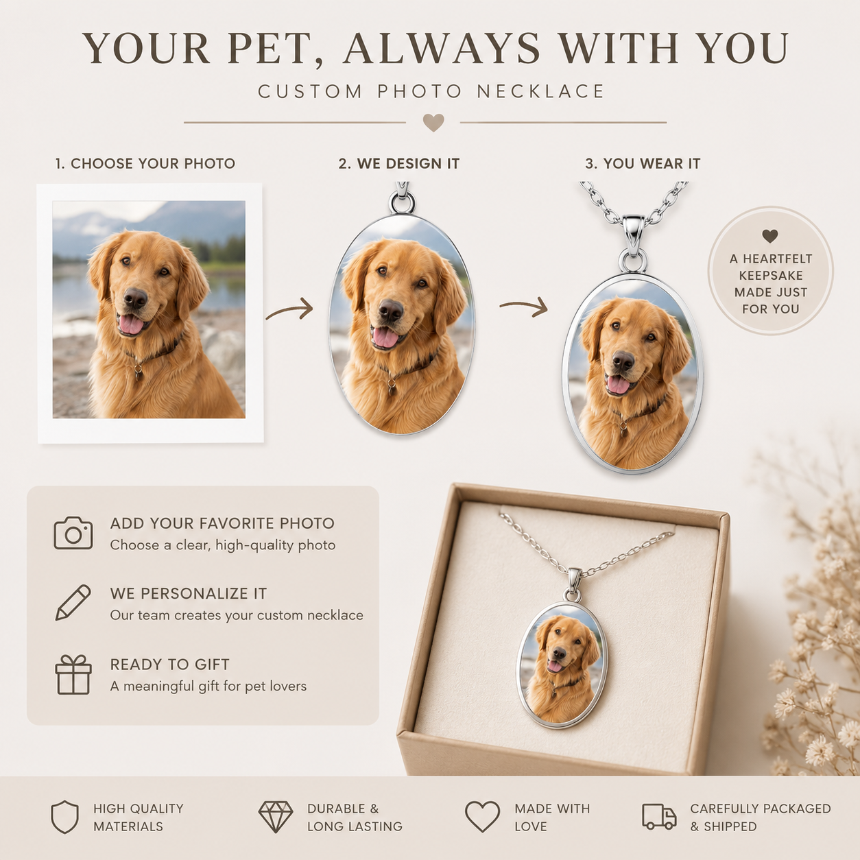 Oval dog photo necklace shown with its gift box