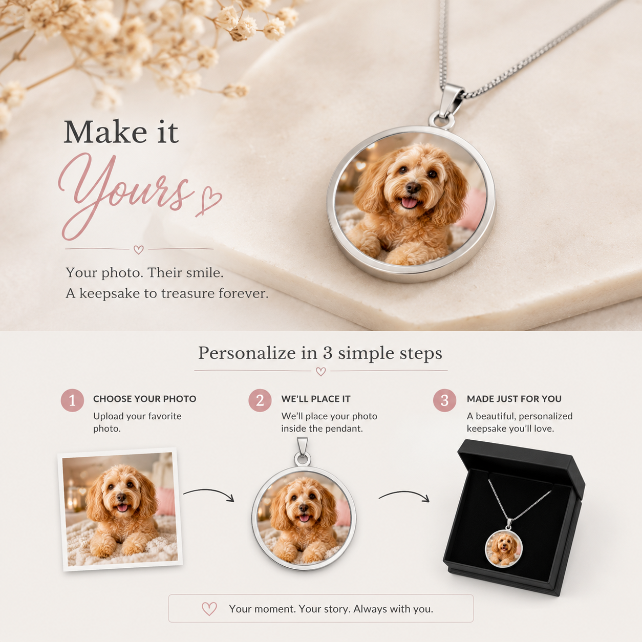Sterling silver dog photo necklace shown with its gift box
