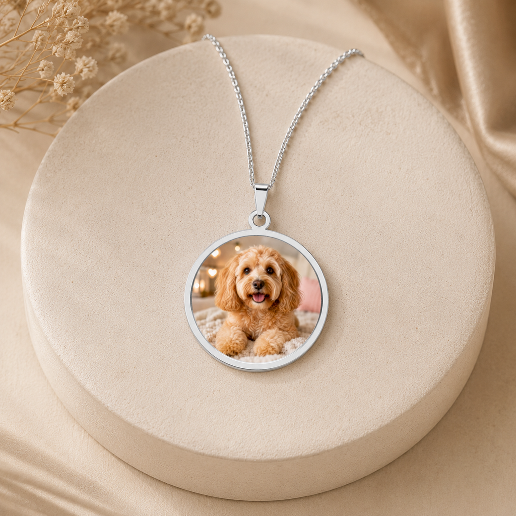 Personalization guide showing how a dog photo is placed in the silver pendant