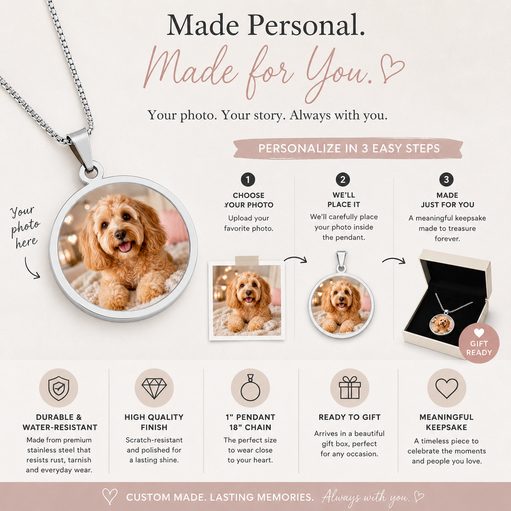Stainless steel dog photo necklace shown with its gift box