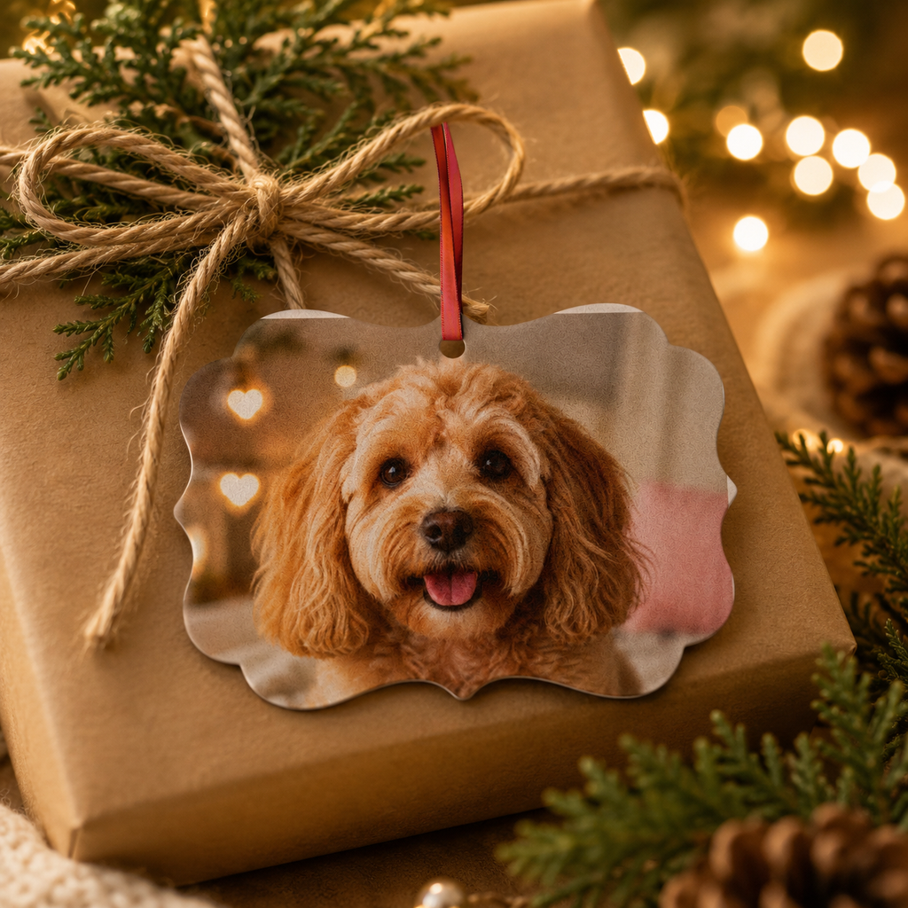 Design template showing the photo placement on the dog ornament