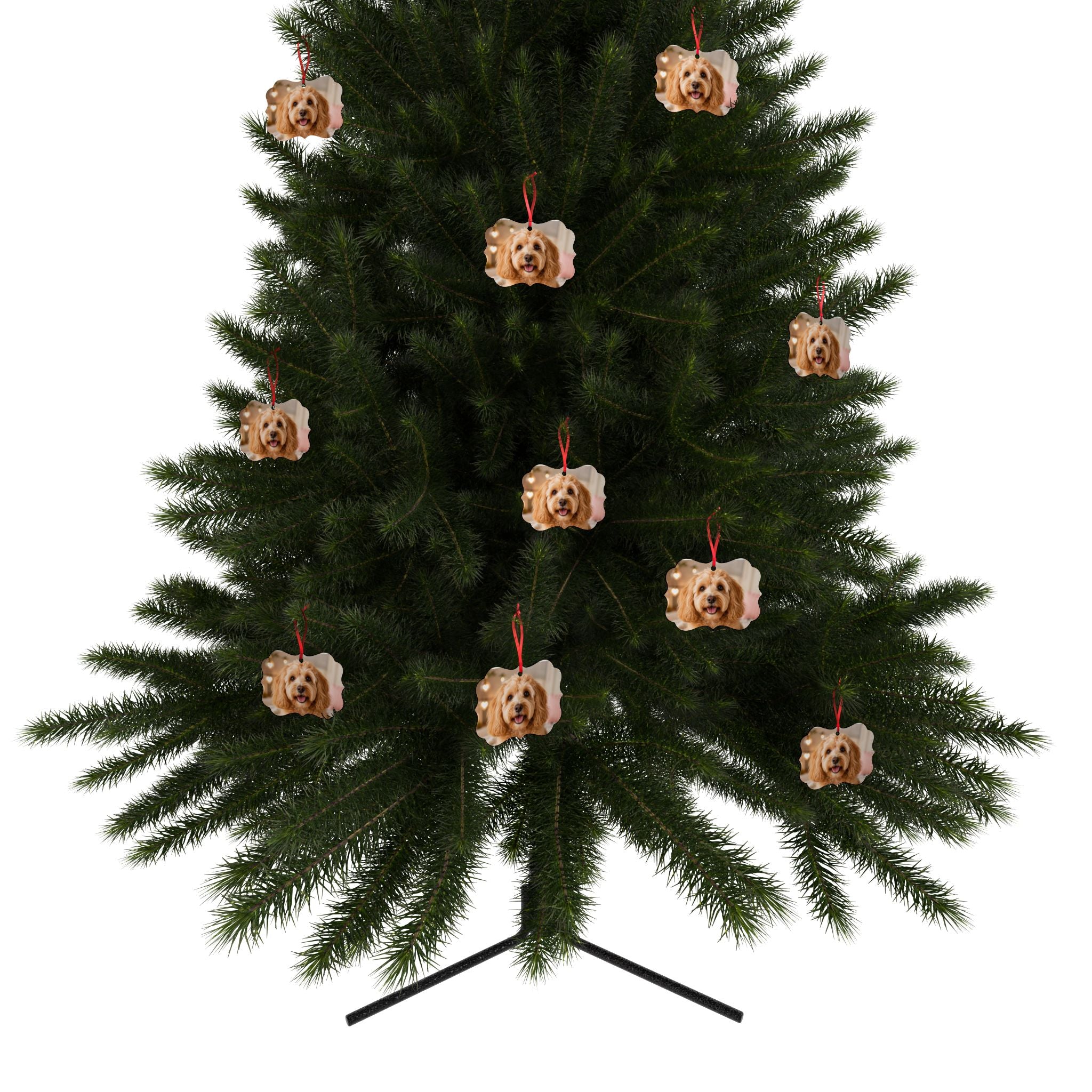 Personalized dog photo ornament hanging on a Christmas tree