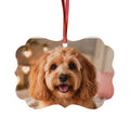 Personalized dog photo ornament in aluminum with a pet photo and red satin ribbon