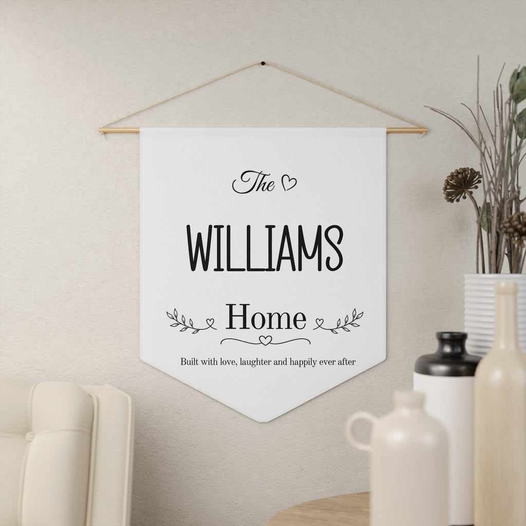 Family home pennant shown hanging on a wall as personalized home decor