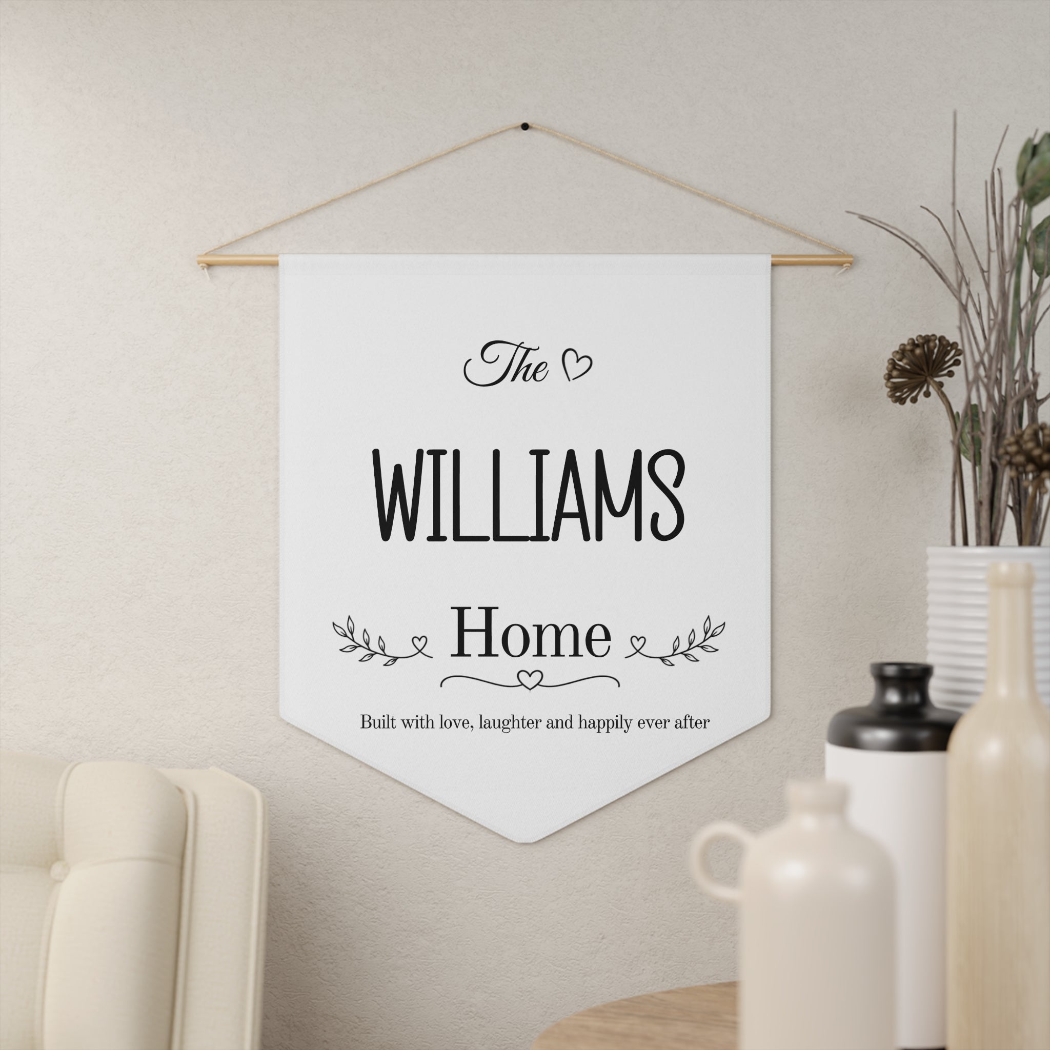 Family home pennant shown hanging on a wall as personalized home decor