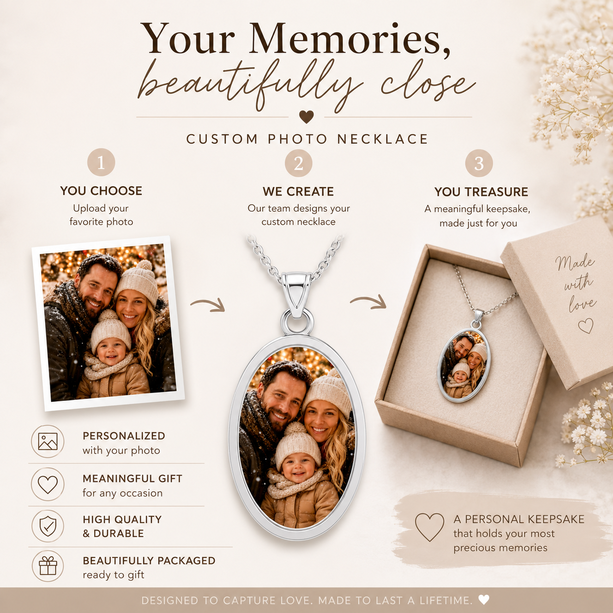 Oval family photo necklace shown with its gift box