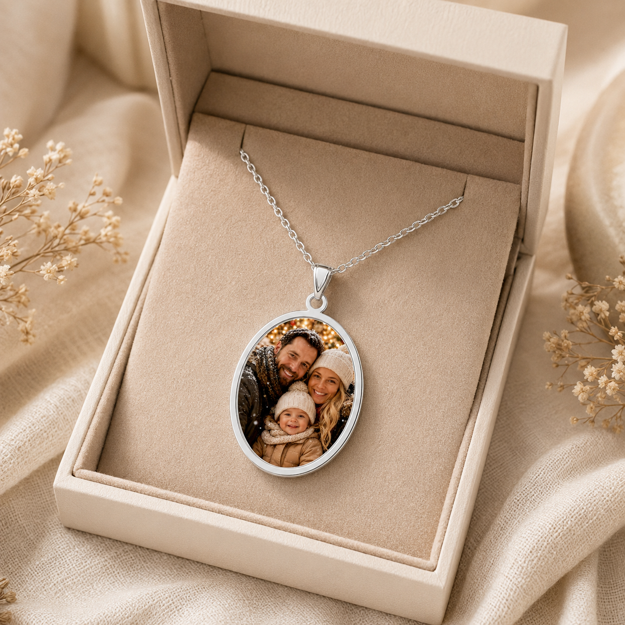 Personalization guide showing how a family photo is placed in the oval silver pendant
