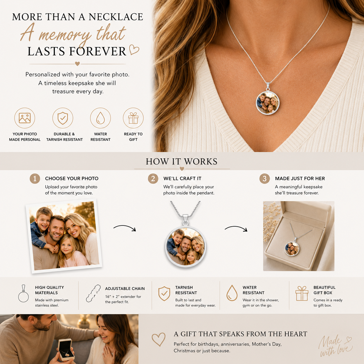 Sterling silver family photo necklace shown with its gift box