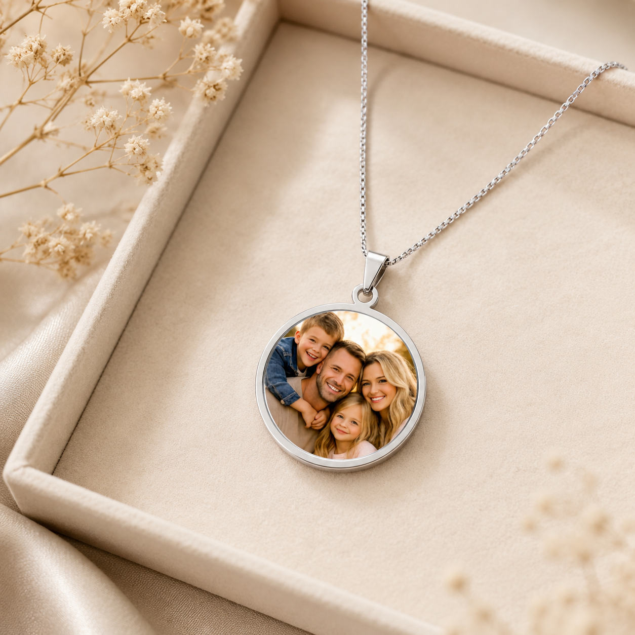 Personalization guide showing how a family photo is placed in the silver pendant
