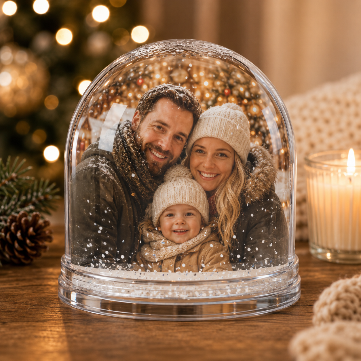 Design layout showing how a family photo prints on the two-sided acrylic insert of the snow globe