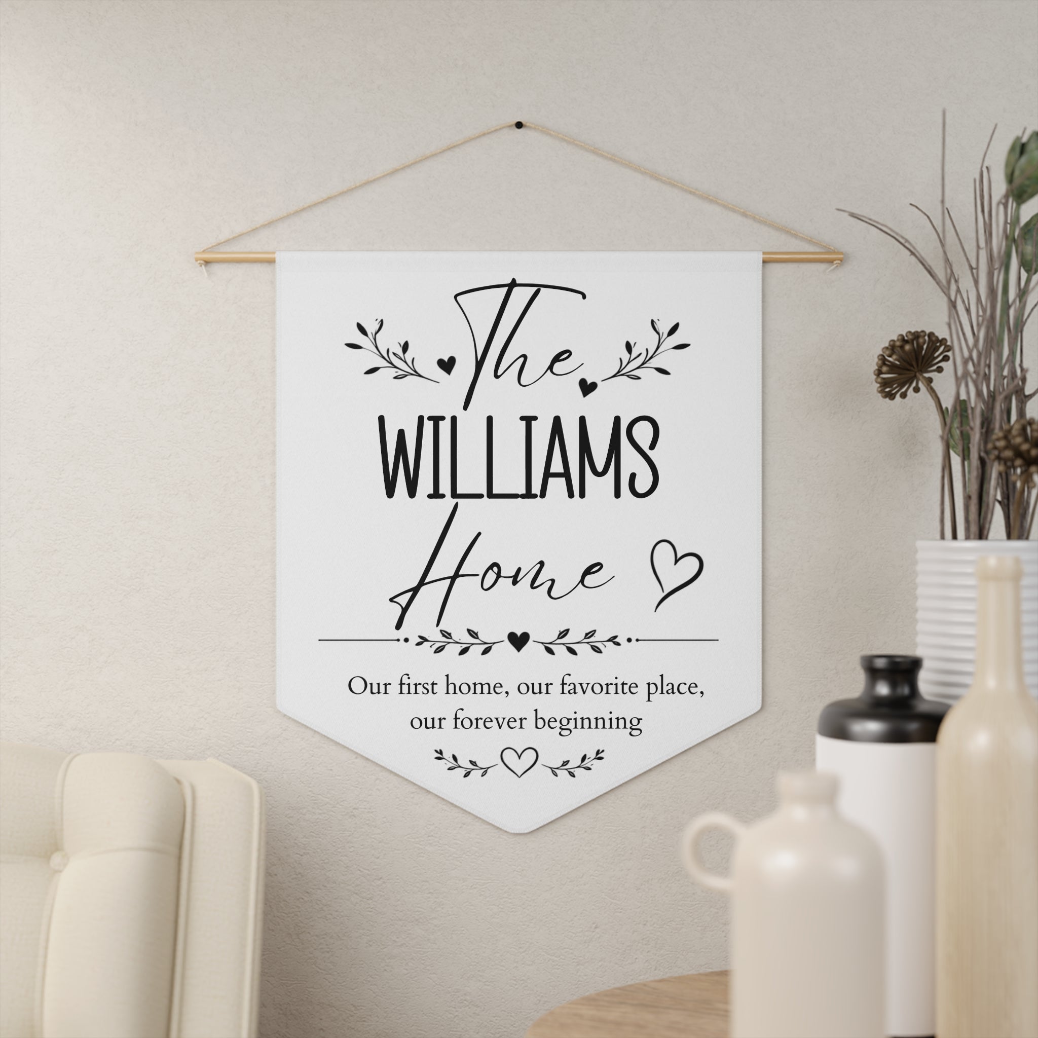 First home pennant shown hanging on a wall as personalized new home decor