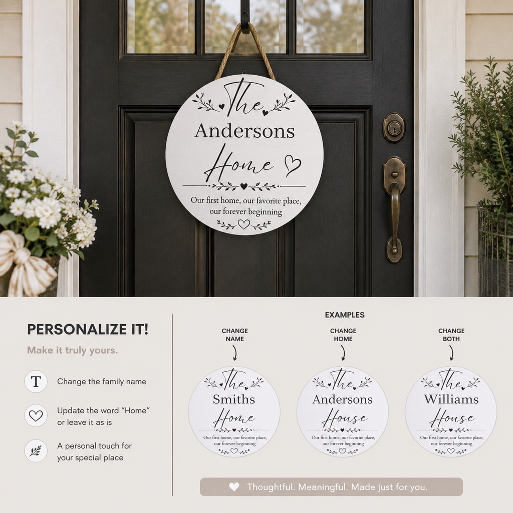 Personalization guide showing the custom family name on the first home wood plaque