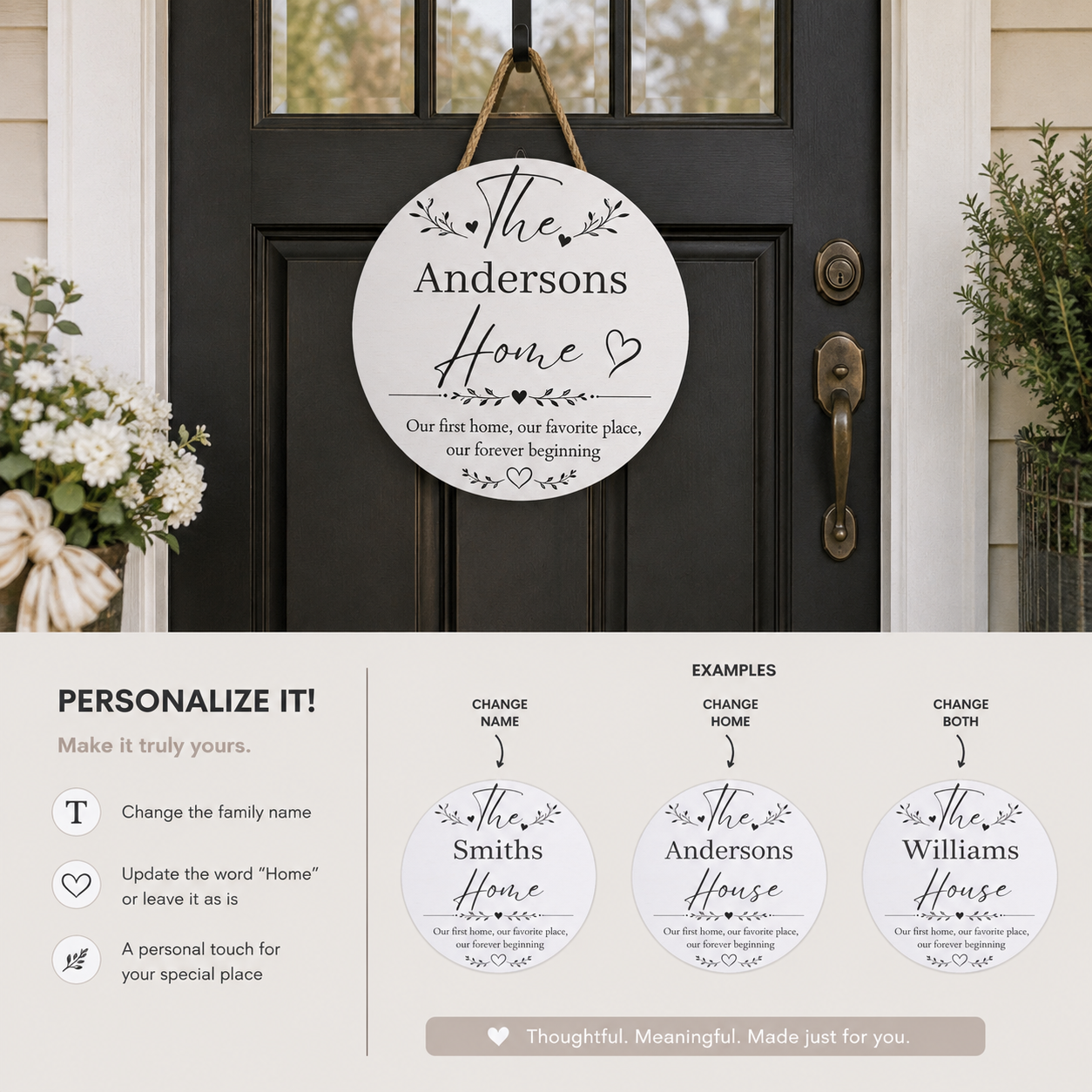 Personalization guide showing the custom family name on the first home wood plaque