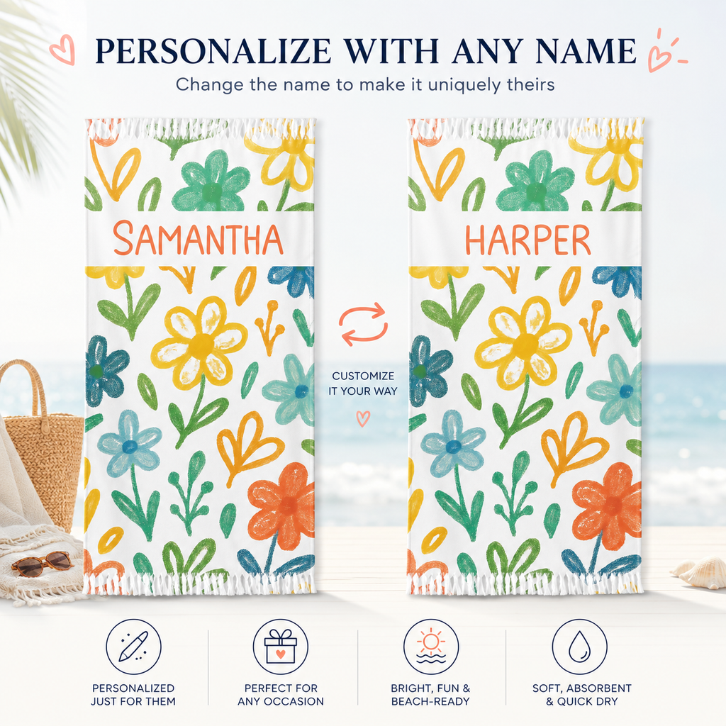 Bright floral beach towel design detail with custom name