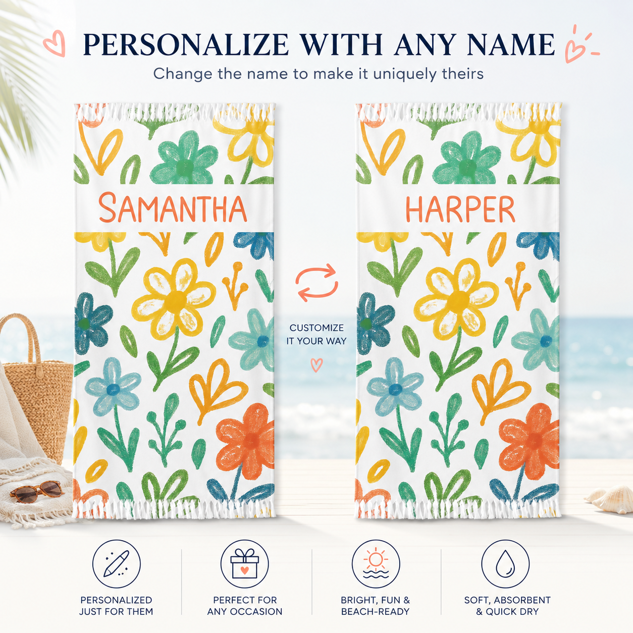 Bright floral beach towel design detail with custom name