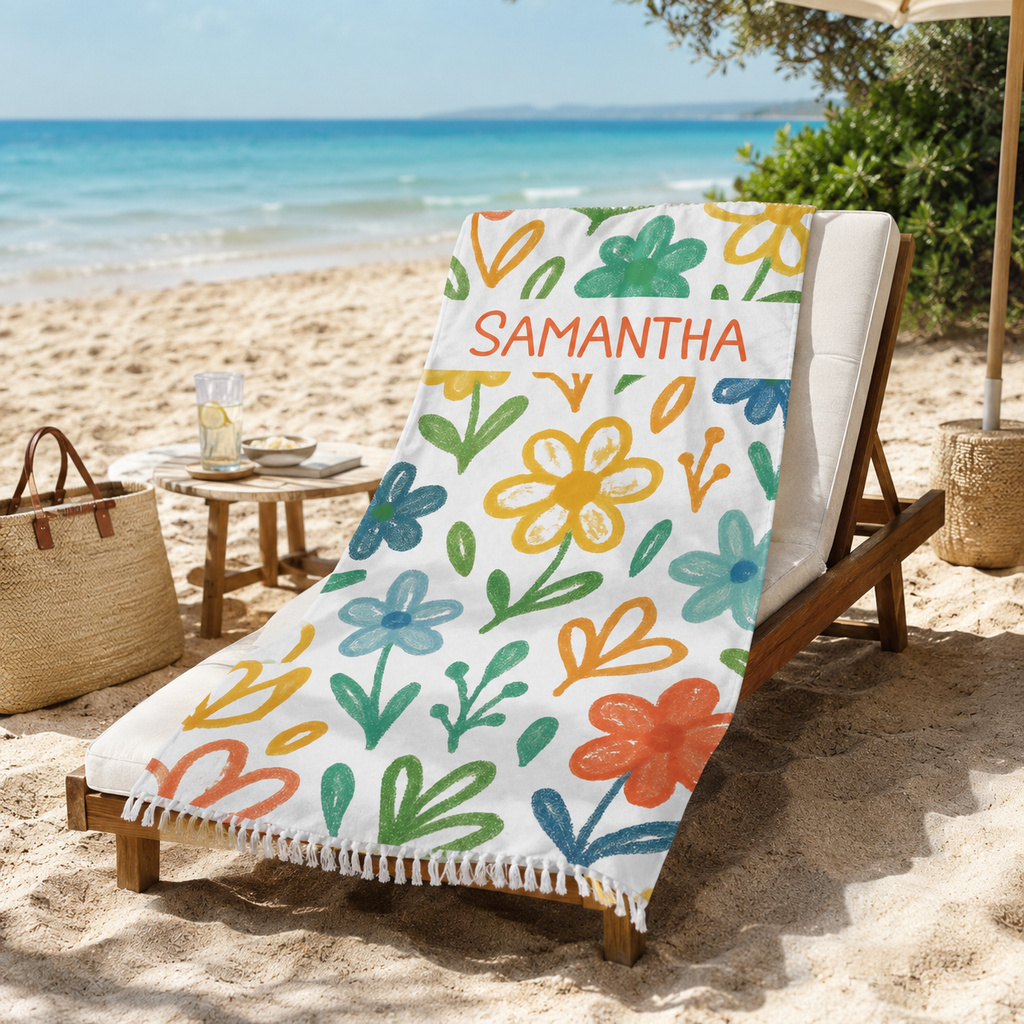 Colorful hand-drawn floral beach towel print design with personalized name