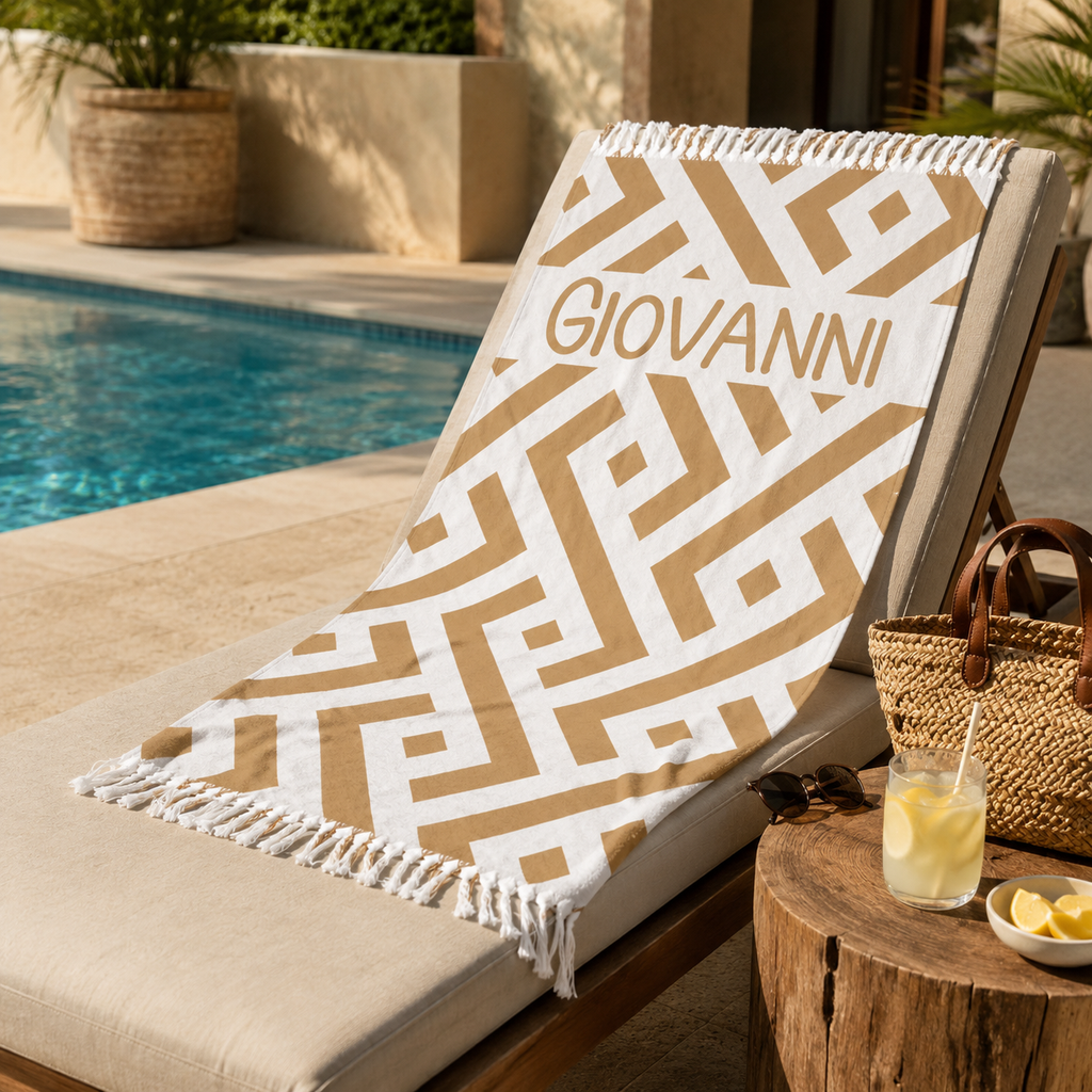 Geometric beach towel design detail with custom name