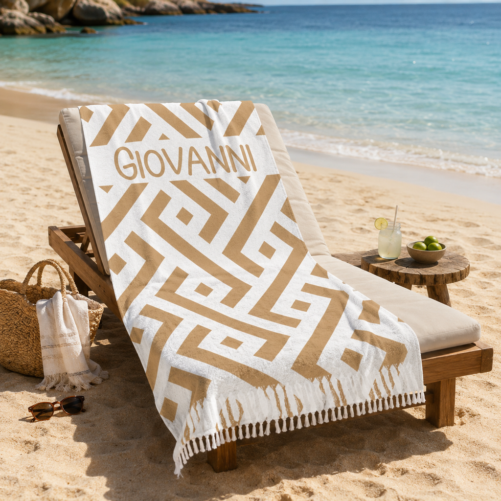 Tan geometric lattice beach towel print design with personalized name