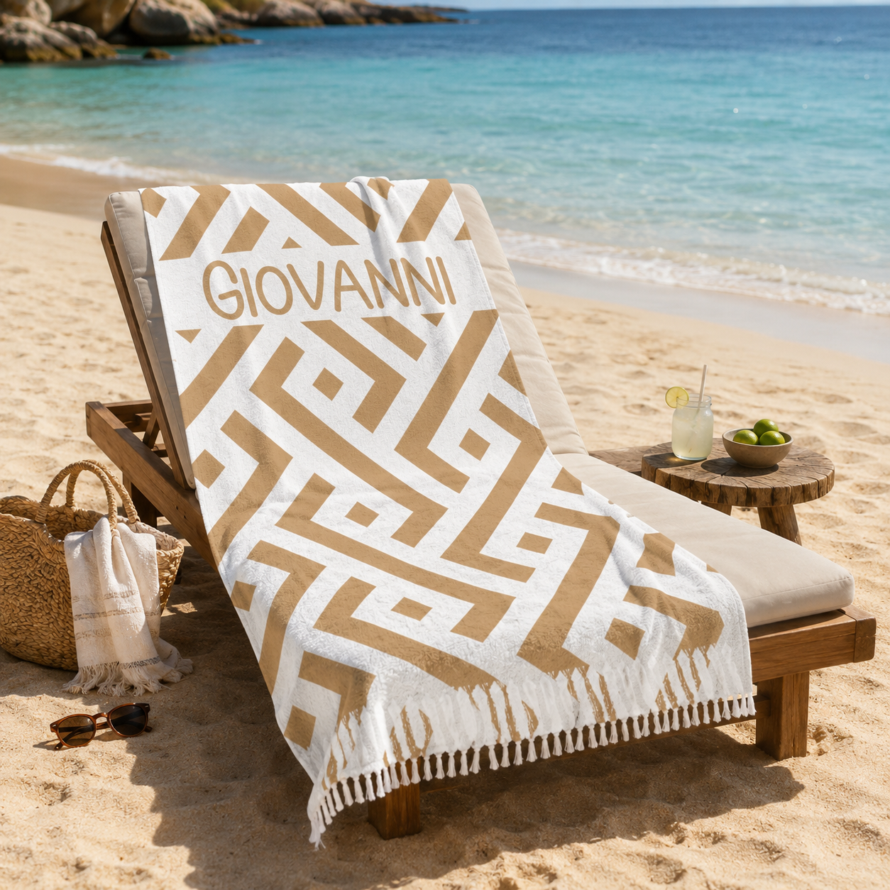 Tan geometric lattice beach towel print design with personalized name