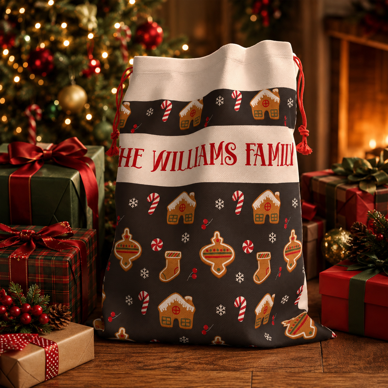 Design template for the gingerbread Santa sack showing the print layout