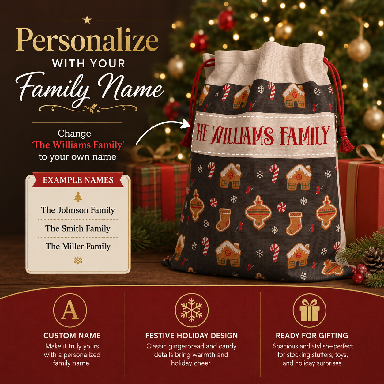 Personalization guide showing the family name band on the gingerbread Santa sack