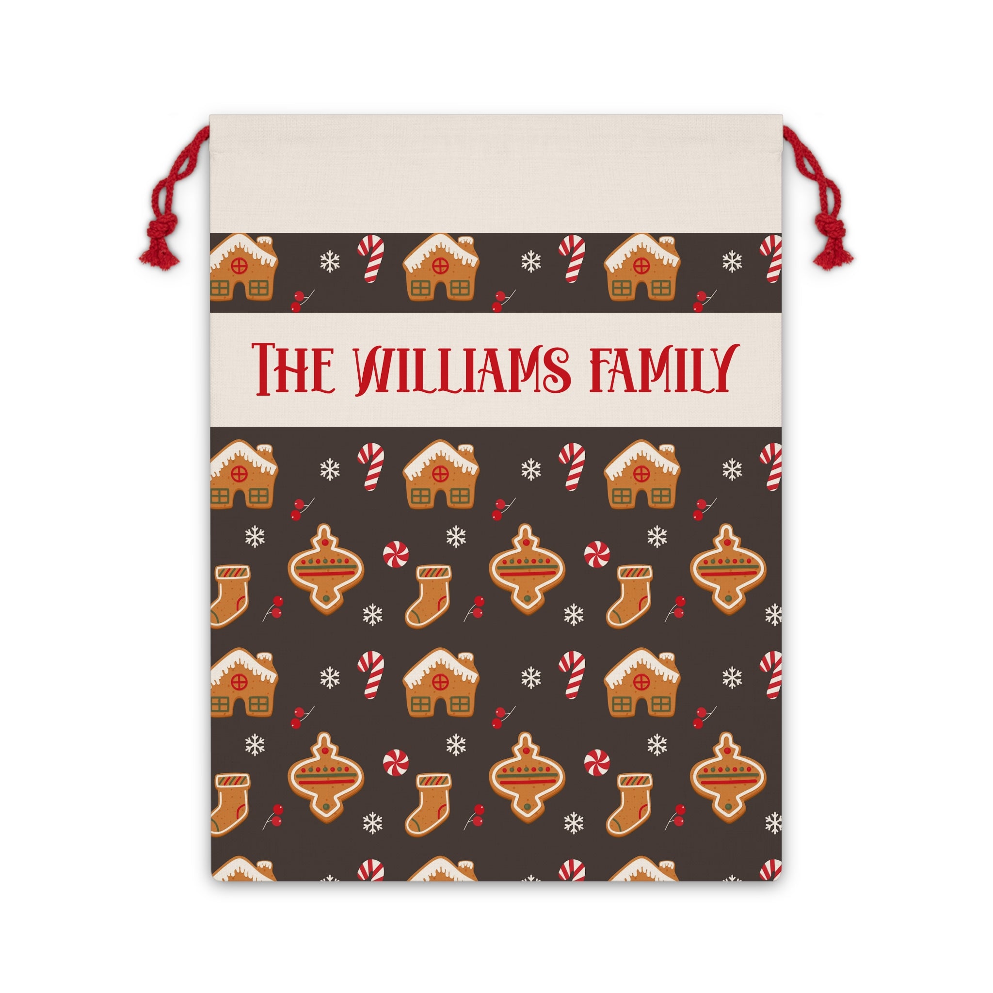 Personalized gingerbread Santa sack with a family name band, gingerbread houses and candy canes on a brown drawstring bag