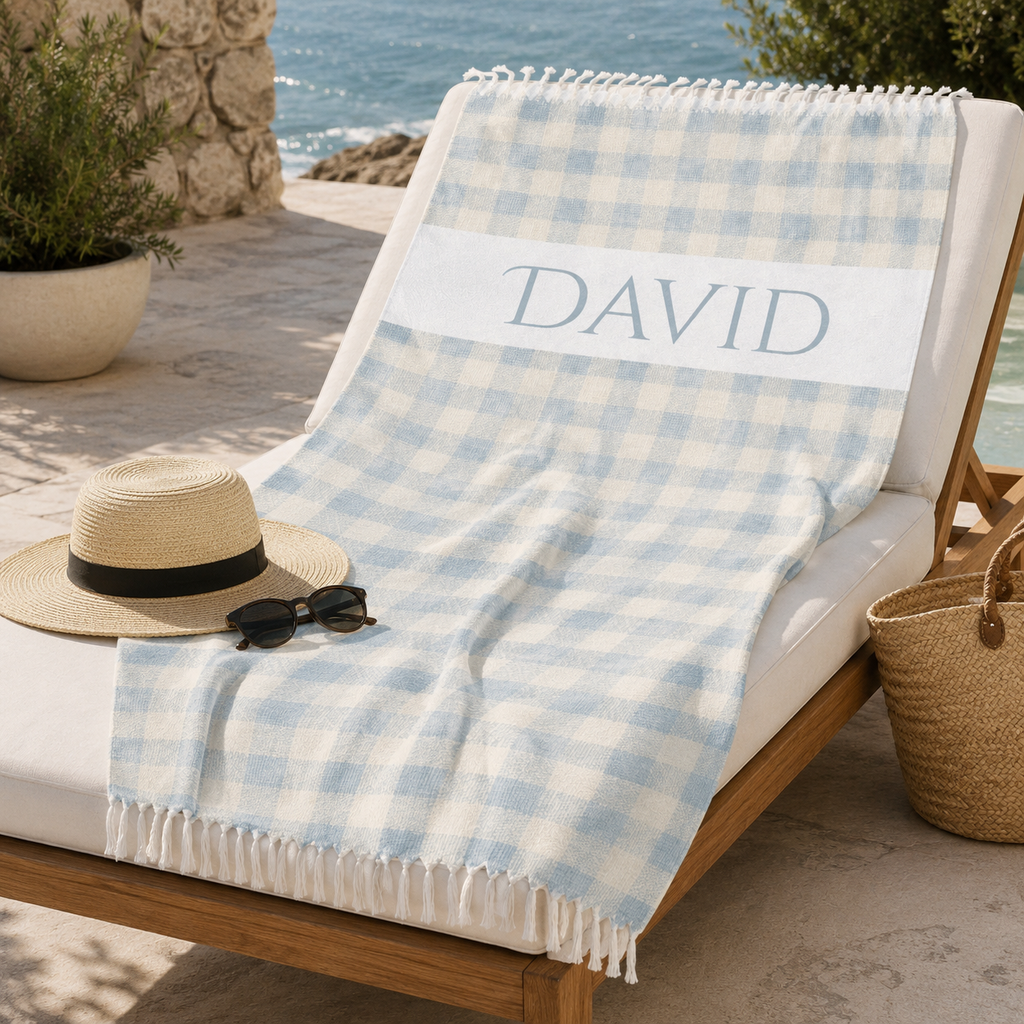 Gingham check beach towel design detail with custom name