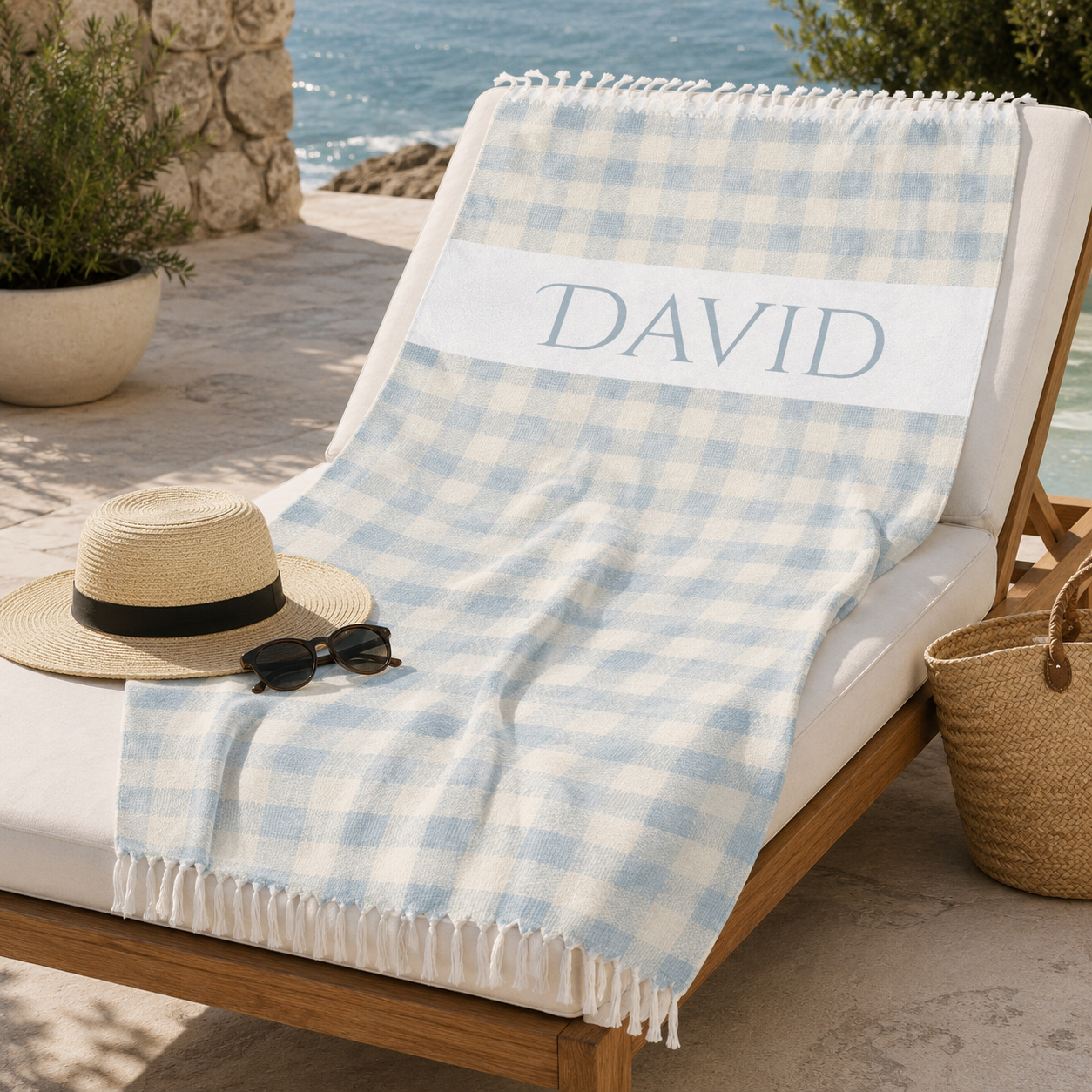 Gingham check beach towel design detail with custom name