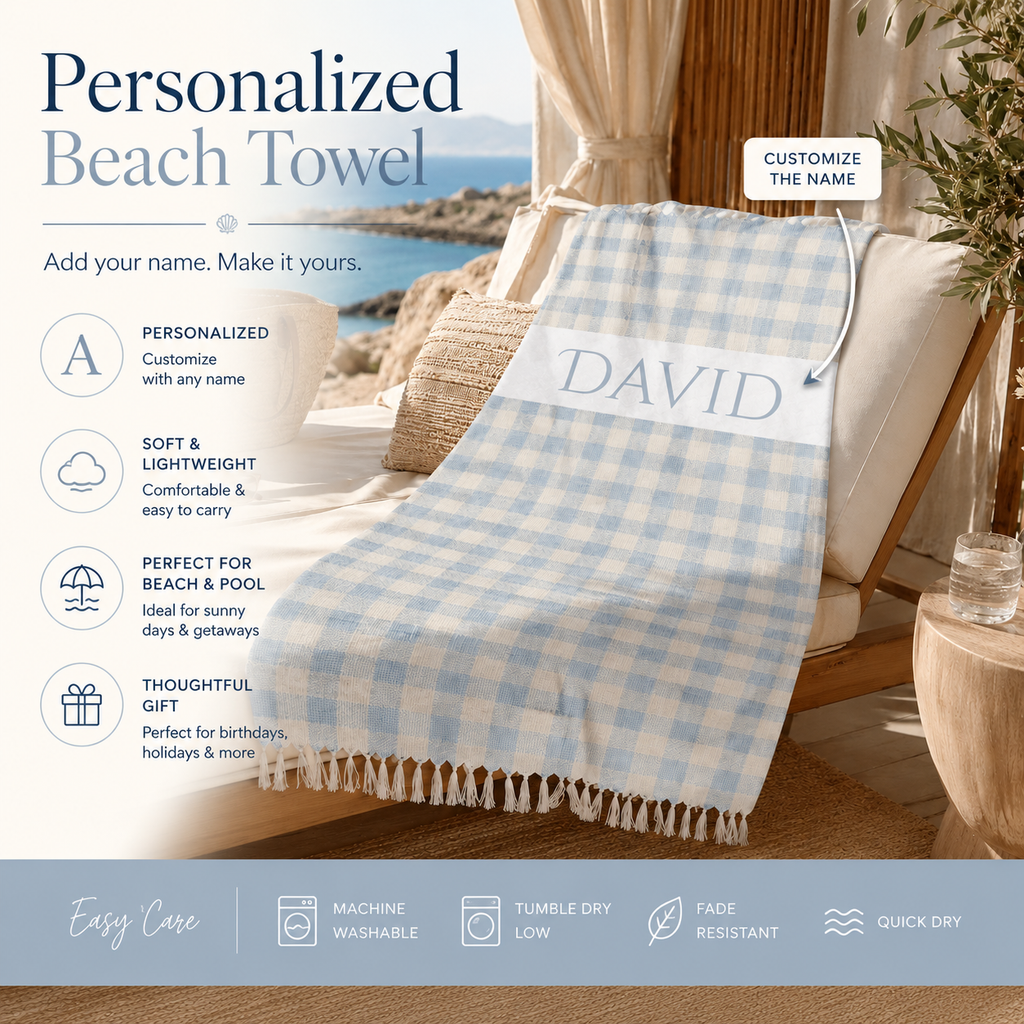 Blue gingham personalized beach towel artwork