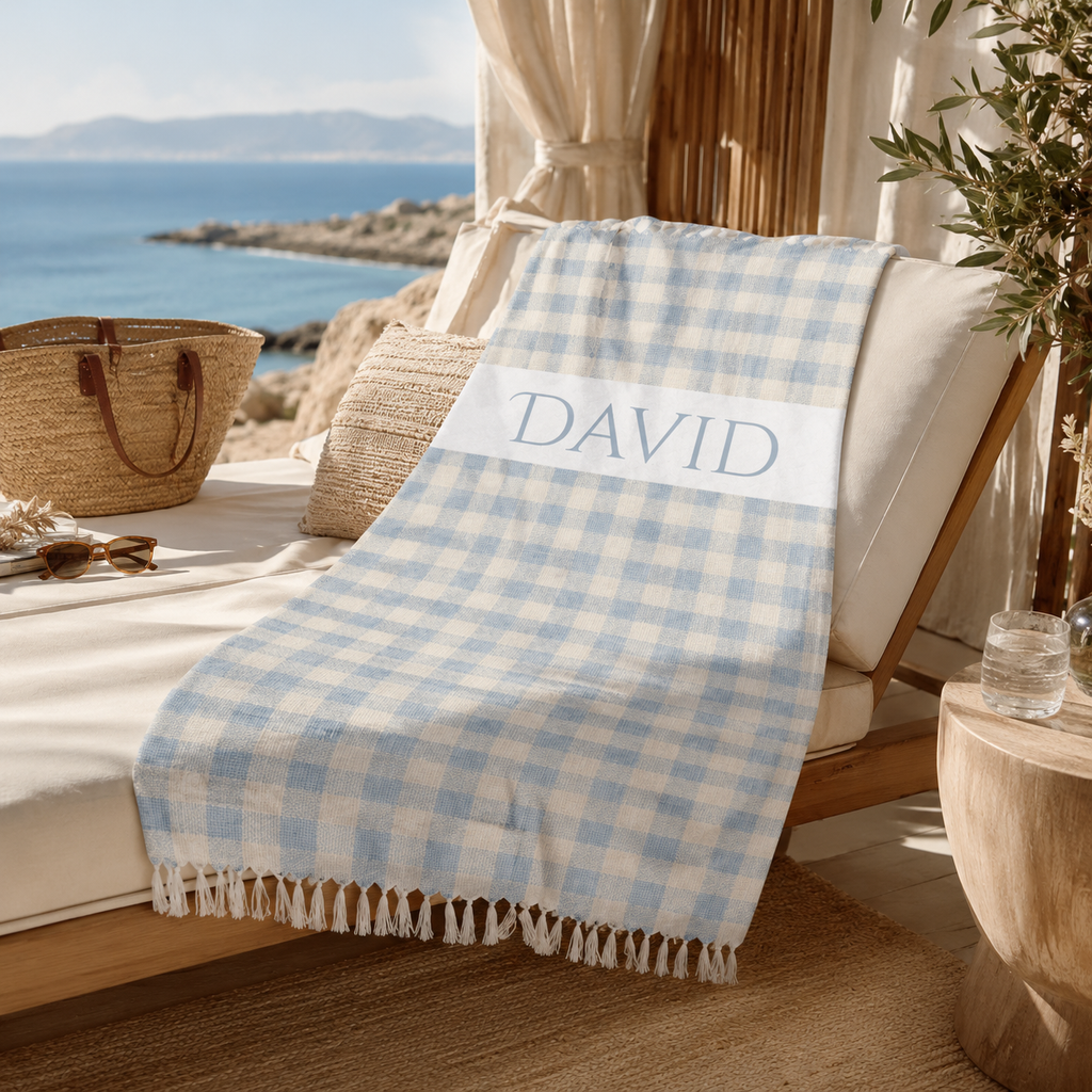 Blue and cream gingham check beach towel print design with personalized name