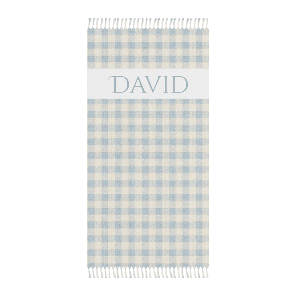 Personalized gingham beach towel with custom name and tassels