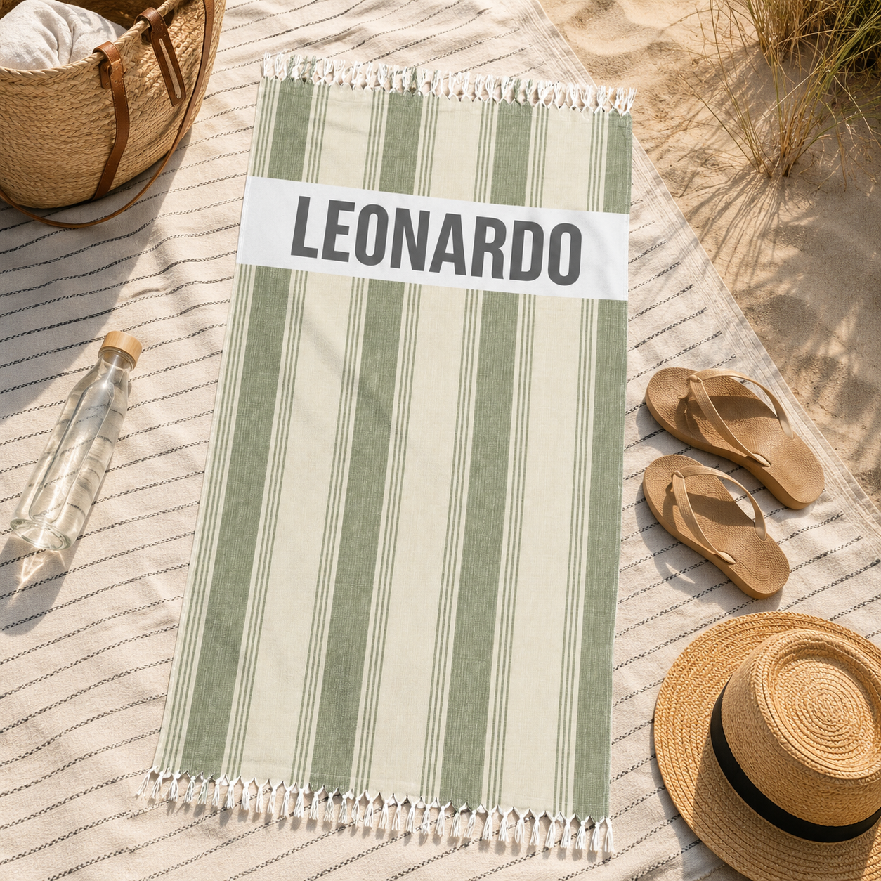 Green stripe beach towel design detail with custom name