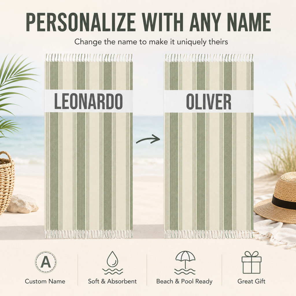 Green and cream striped personalized beach towel artwork