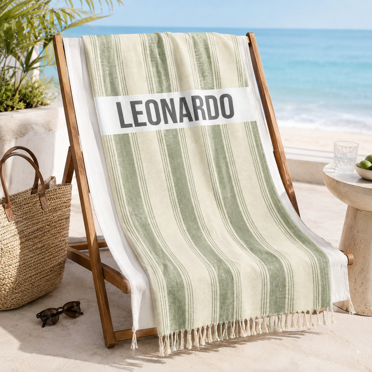Sage green and cream stripe beach towel print design with personalized name