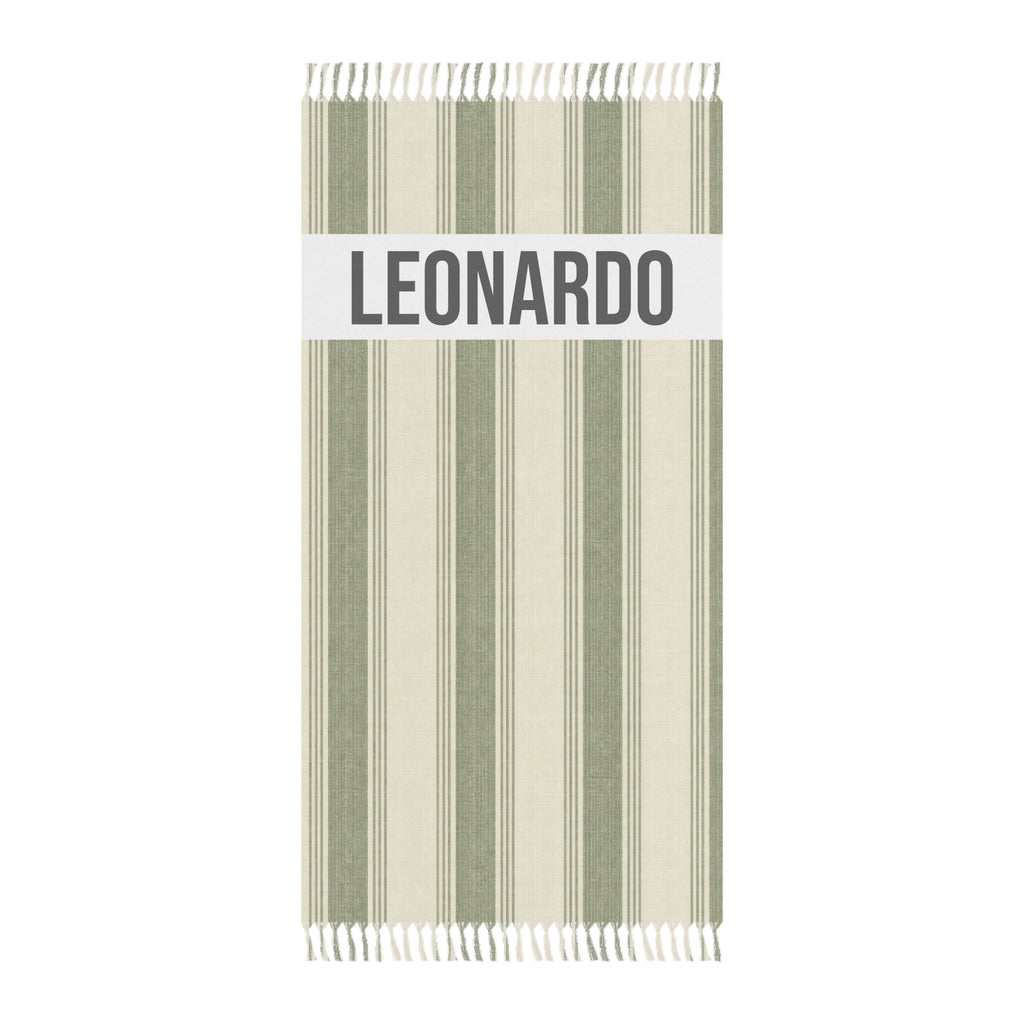 Personalized green stripe beach towel with custom name and tassels