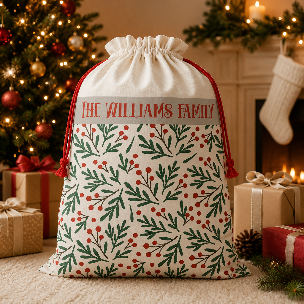 Design template for the holly berry Santa sack showing the print layout